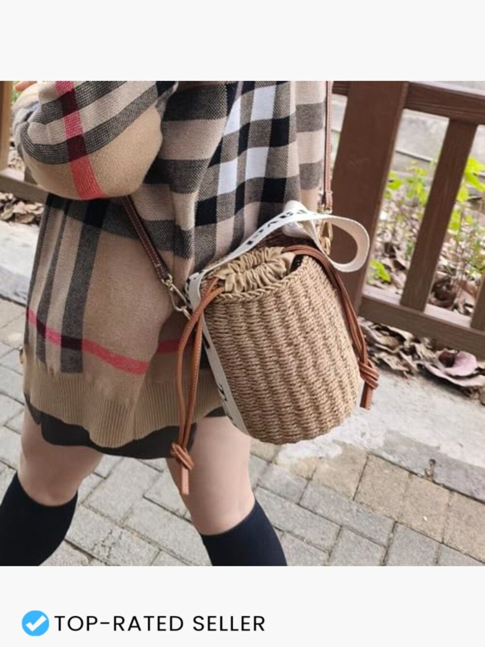 Straw Rattan Woven Bucket Tote Bag Crossbody Drawstring Beach Handbag - Picture 2 of 7